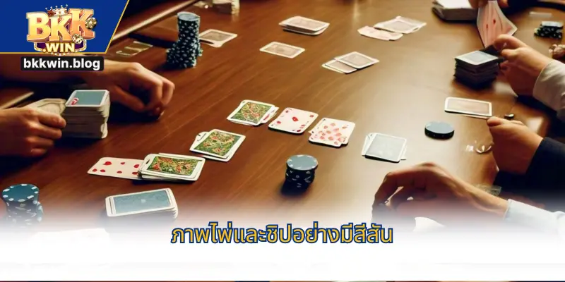 ภาพไพ่และชิปอย่างมีสีสัน